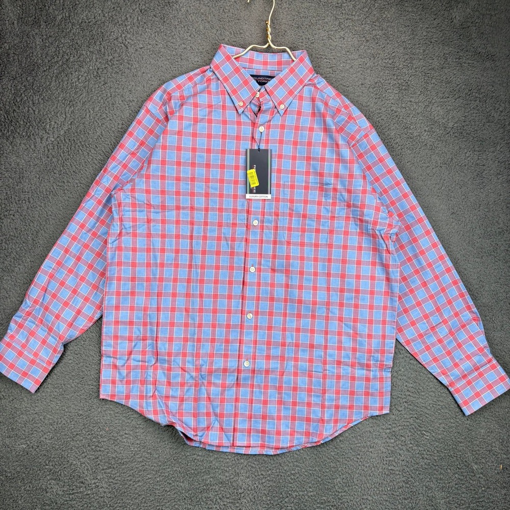 Roundtree & Yorke Mens Large Luxury Cotton Plaid Button Down Shirt Red Blue L